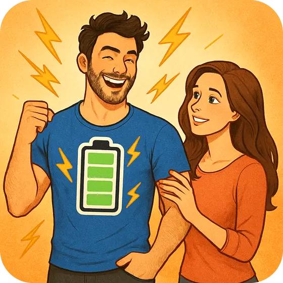 Um homem e uma mulher sorrindo, com o homem vestindo uma camiseta com uma bateria cheia, simbolizando a energia e a produtividade recuperadas com o método.