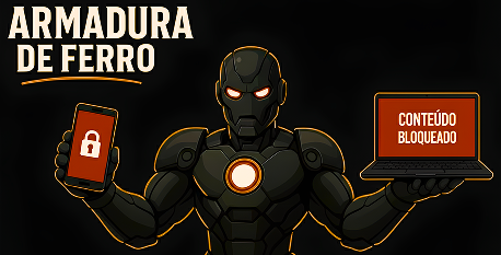 Logo Armadura de Ferro: Robô segurando um smartphone com a tela bloqueada e a mensagem 'Conteúdo Bloqueado', representando o método Armadura de Ferro.