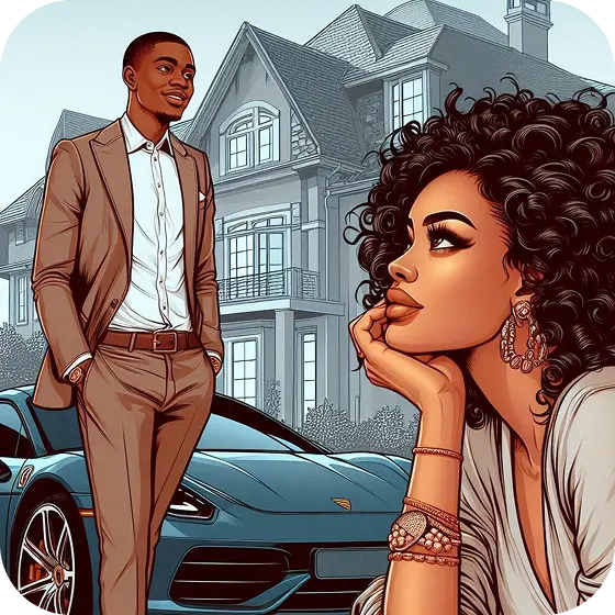 Mulher admirando um homem bem-sucedido em frente a uma casa luxuosa e um carro esportivo, simbolizando as conquistas e o potencial alcançados com foco e produtividade.
